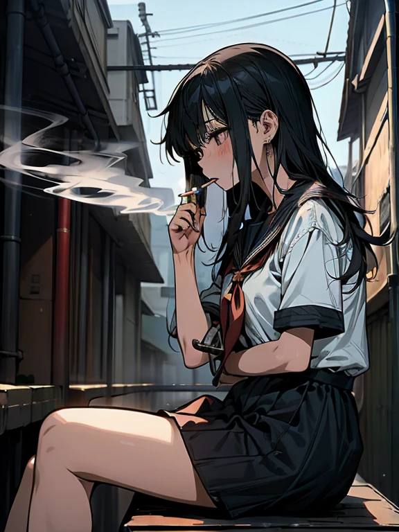 student, uniform, smoking, White shirt, tie, traitor, slim, Backpack, Lots of smoke, flat, Black Skirt, Pretty face, beautiful, Long Hair, Face Focus, Half closed eyes, relax, pale, Asian eyes, Straight hair, Asian, Swollen lips, Lip gloss, Pouting、In a completely different expression