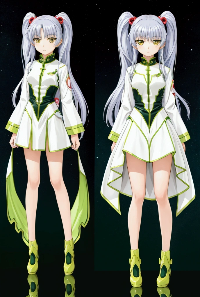 Hoshino Ruri,1 girl, Long hair, Alone, Multiple views, green cotton dress, full body view 