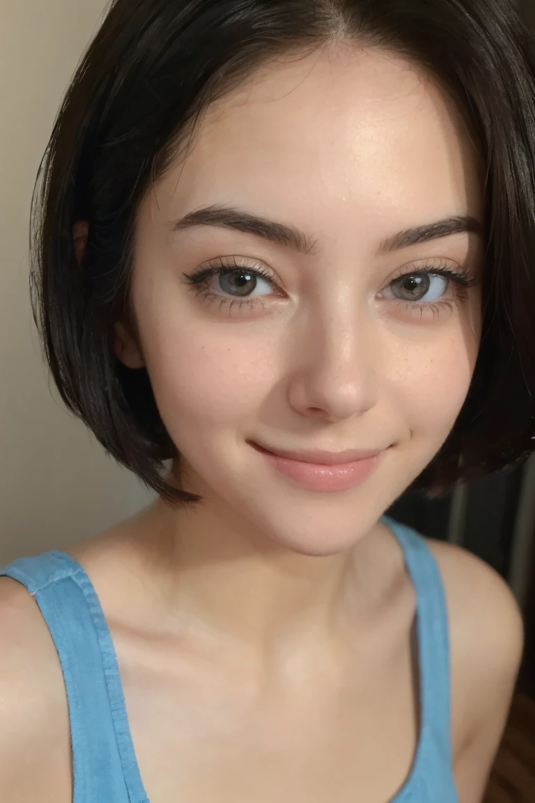 (8K, highest quality, masterpiece:1.2), (realistic, realistic:1.3), Super detailed, ((1 girl)), cute, alone, (smile), (closed mouth), big, beautiful and fine eyes, (short hair: 1.2), bob hair, (Upper body), front, very delicate and beautiful, wonderful, small details, masterpiece, Super detailed, High resolution, best shadows, blue tops, See who is watching