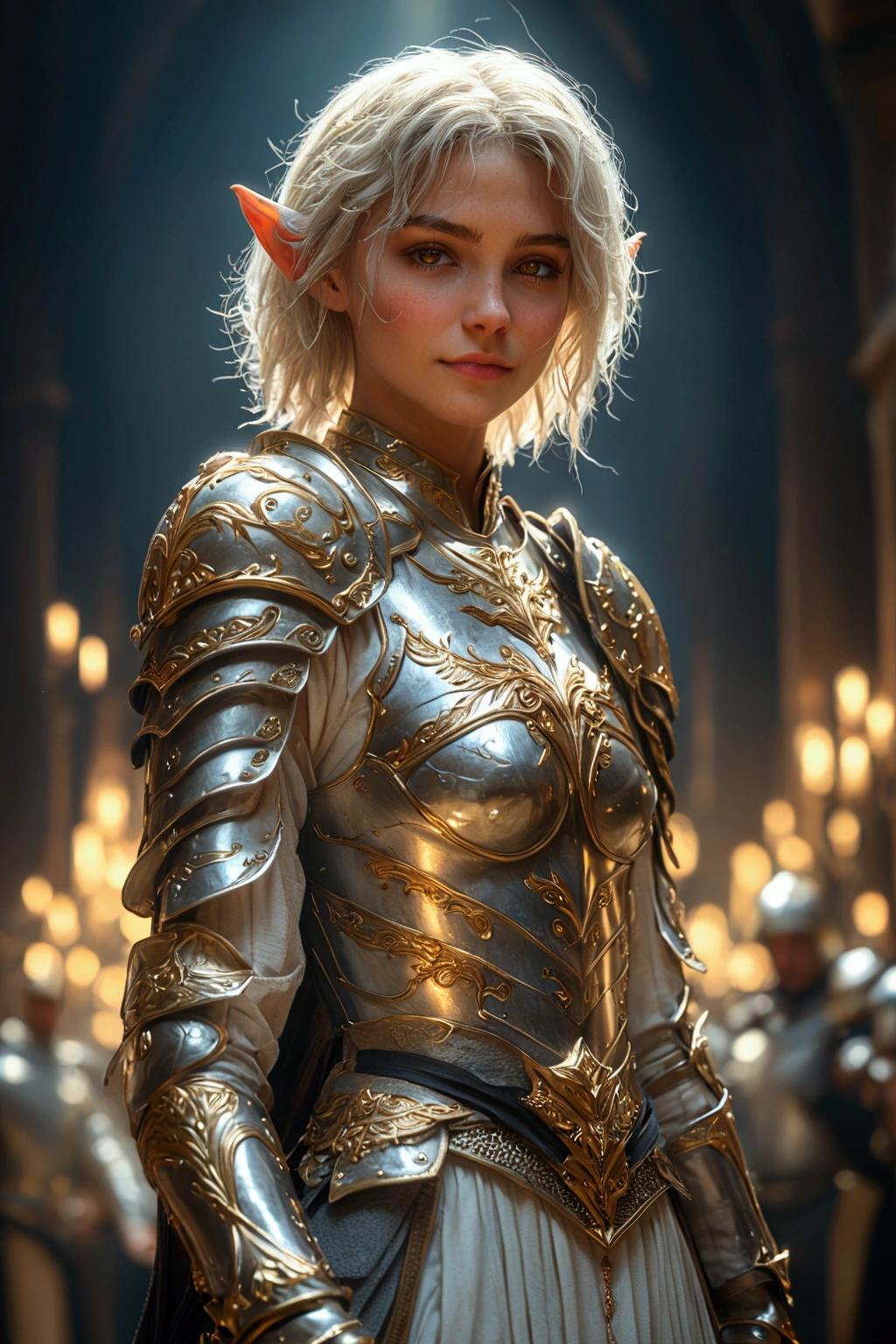 female paladin, golden eyes glowing bright, magical golden tattoos, mature face, detailed from head to toe, golden short hair, sincere smile, ornate helmet, masculinized golden full plate covering the body, tomboy armor, flat chest armor, detailed rounded boots, balleting happily, ballet's pirouette, detailed wood plank dance floor, magic, magic fantasy, dramatic chiaroscuro, photorealistic, hyperdetailed, intricate textures, realistic colors, cinematic composition, full-body portrait, wide-angle view, masterpiece, no wings, no halo, no elven ears, no horns