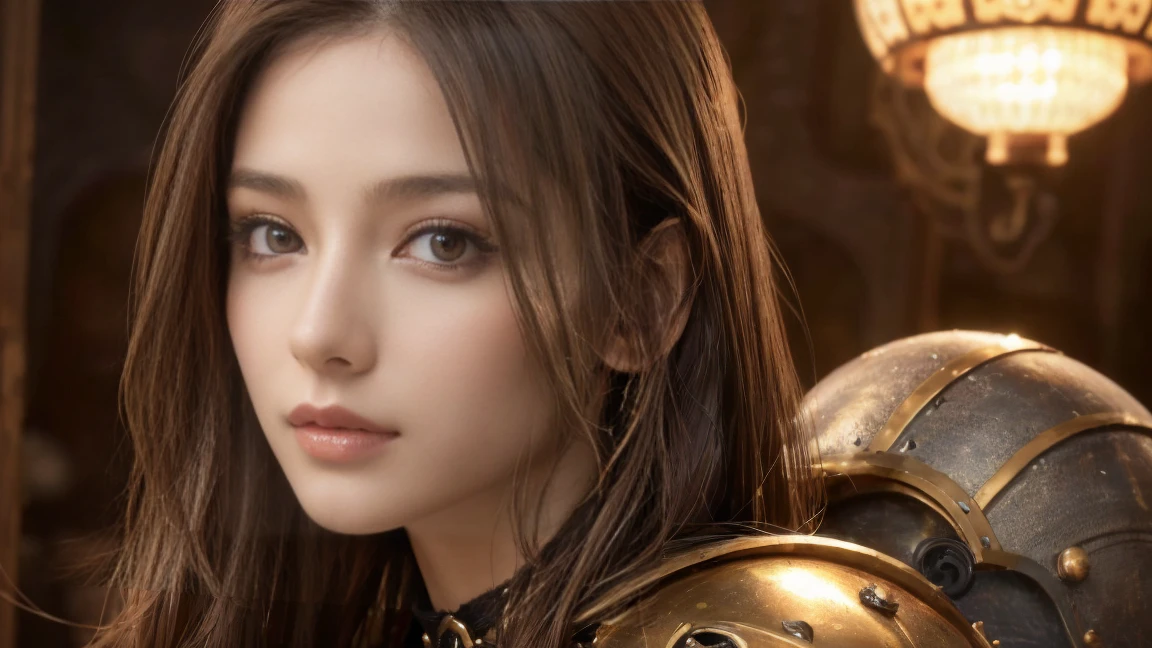 ((masterpiece, Highest quality, High resolution, 8K wallpaper incorporating highly detailed CG,Super detailed)), (Huge and stunning goddess shot, Very hot and sexy, Incredible beauty, Perfect Proportions, Beautiful body, The beauty of a glamorous body:1.3)、Japanese、Mature Woman、Beautiful Face、Beauty、Beauty、Cute woman、Alluring、Super big breasts、Cute eyes、Detailed Eyes、Brown eyes、Long eyelashes、Brown Hair、steampunk、armor、armor、helmet、pocket、Evacuate