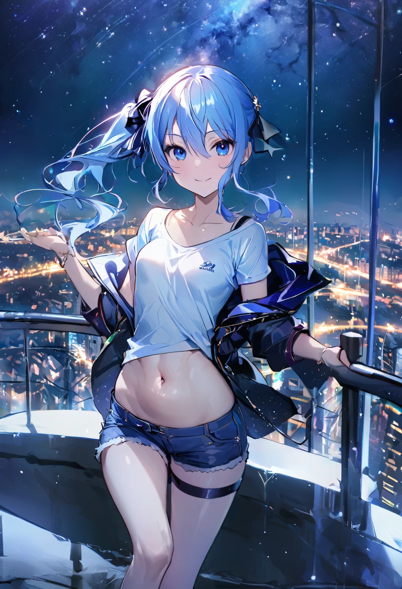 (8k、Best image quality、highest quality、masterpiece)、Detailed face、 1teen_girl、Blue Hair、Long Hair、sideponytail、dark_blue_eyes、smile,(glimps_of_ navel)、small_breasts,(White_short_T-shirt:1.3)、Off the shoulder、Black shoulder straps、(open_front_denim_short_shorts:1.2)、City Background, starry_sky_landscape ,hoshimachi suisei,(covered_nipples:0.3), (belly_button:1.2),nihil,solo,stargaze,girl_looking_up_sky,slender,solo,boots,abs, tight_waist,