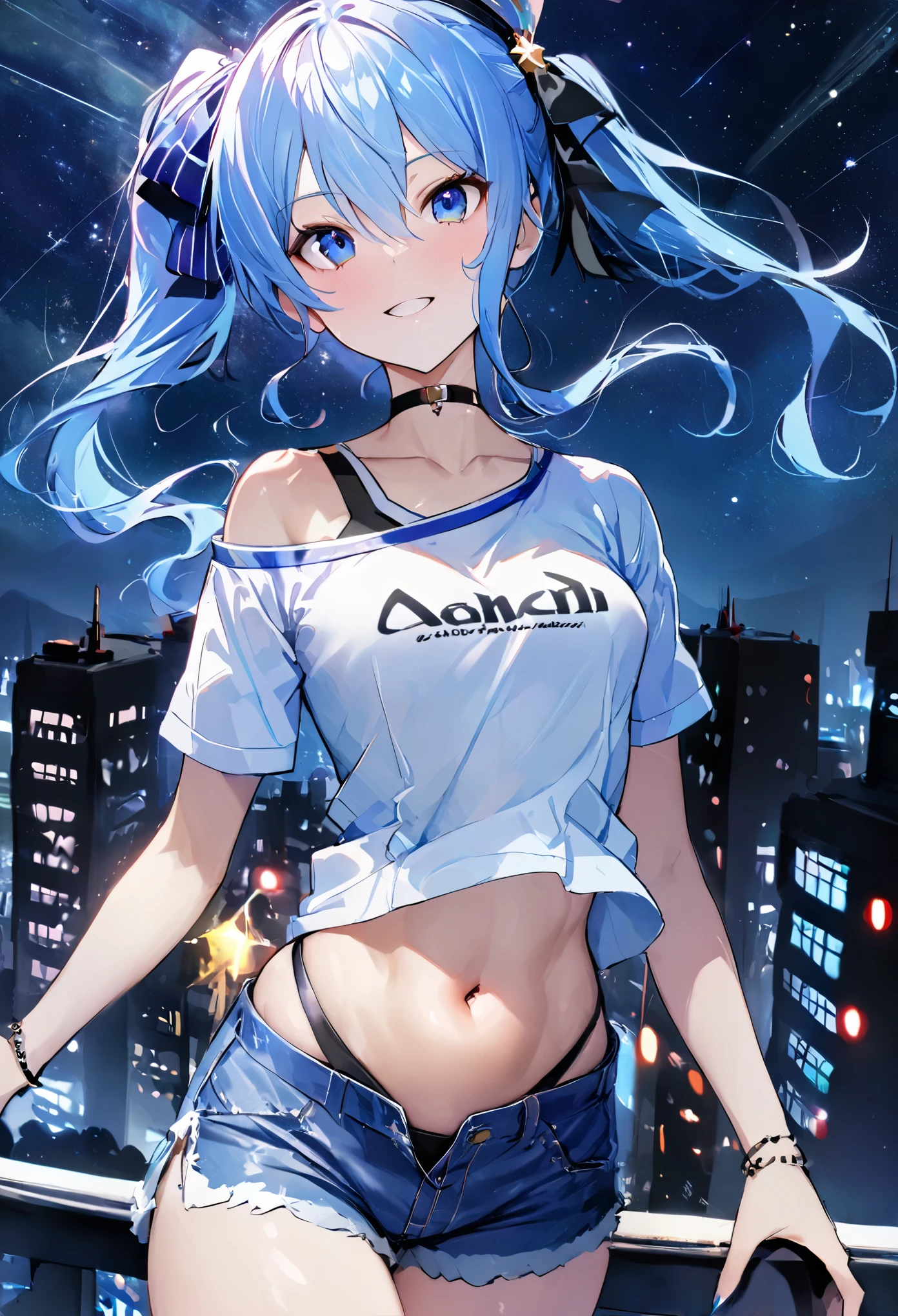 (8k、Best image quality、highest quality、masterpiece)、Detailed face、 1teen_girl、Blue Hair、Long Hair、sideponytail、dark_blue_eyes、smile,(glimps_of_ navel)、small_breasts,(White_short_T-shirt:1.3)、Off the shoulder、Black shoulder straps、(open_front_denim_short_shorts:1.2)、City Background, starry_sky_landscape ,hoshimachi suisei,(covered_nipples:0.3), (belly_button:1.2),nihil,solo,stargaze,girl_looking_up_sky,slender,solo,boots,abs, tight_waist,