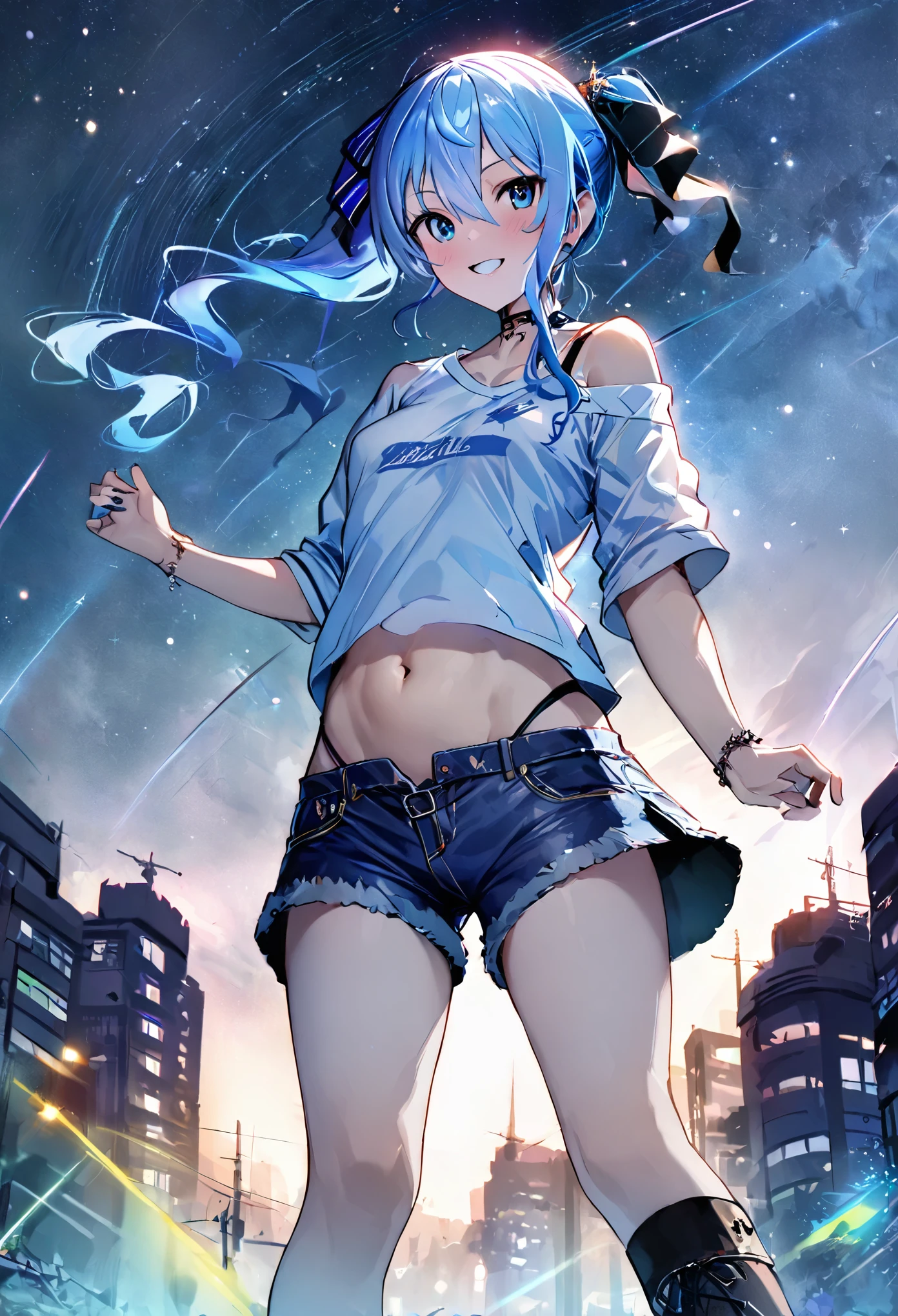 (8k、Best image quality、highest quality、masterpiece)、Detailed face、 1teen_girl、Blue Hair、Long Hair、sideponytail、dark_blue_eyes、smile,(glimps_of_ navel)、small_breasts,(White_short_T-shirt:1.3)、Off the shoulder、Black shoulder straps、(open_front_denim_short_shorts:1.2)、City Background, starry_sky_landscape ,hoshimachi suisei,(covered_nipples:0.3), (belly_button:1.2),nihil,solo,stargaze,girl_looking_up_sky,slender,solo,boots,abs