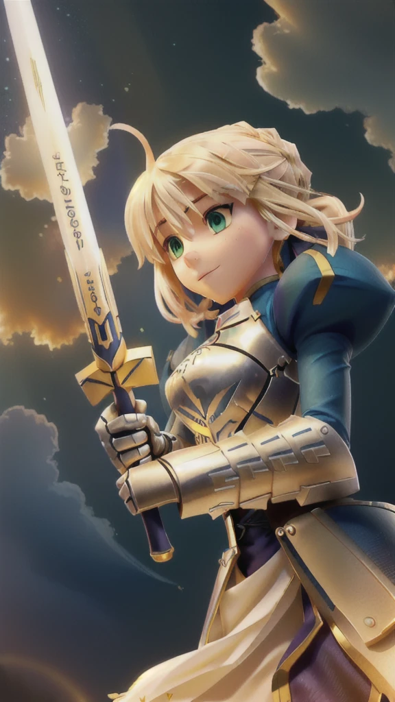 A stunning, lifelike depiction of Saber from Fate/staynight, standing heroically with her signature golden Excalibur sword raised high. She has shoulder-length blonde hair flowing in the wind, her piercing green eyes radiate strength and determination. Her silver and blue armor gleams in the golden sunset, with intricate details like the blue crest on her chest and the engravings on her gauntlets and sword. The background features a dramatic, glowing sky filled with bright orange and gold tones, creating a powerful and epic atmosphere. Fine dust particles and light effects surround her, adding a sense of motion and energy to the scene.