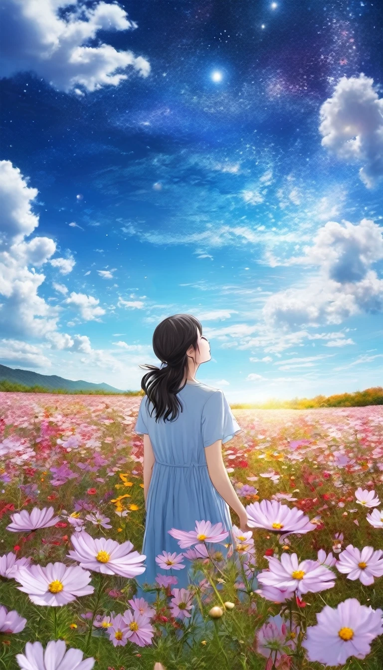  flowers and blue sky、Autumn sky and beautiful cosmos、Vast cosmic flower field landscape photo、（A view of the sky and the wilderness below）、Girl looking up at the blue sky、Draw a big picture of the sky、On the table、top quality