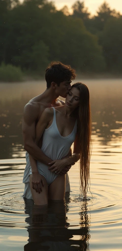 Naked Man And Woman Kissing In Lake Water At Night