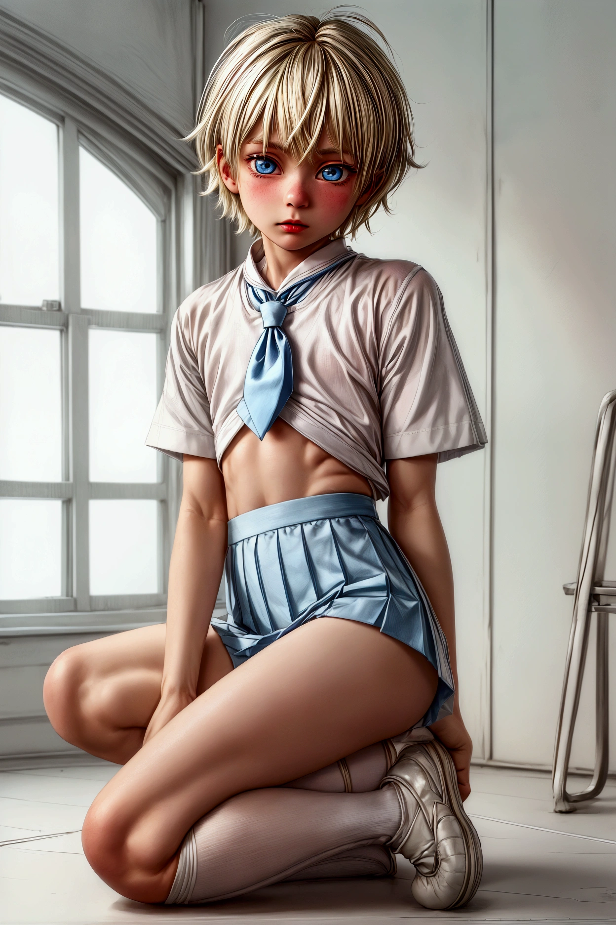 Anime style, Highres, Masterpiece, Best quality at best, Best Quality, hight quality, hight detailed, 1boy, (little boy), blonde boy, perfect boy body, cute boy, detailed light blue eyes, detailed eyes, wears white sailor suit, boy chest, pink tie, Blue sailor skirt, mini skirt, without breasts, beautiful long legs, white over knee stockings, perfect black school shoes, full body, perfect boy body, in a classroom at school, blond Hair, short hair, messy hair, pastel rainbow inner hair color mesh, Neutral Facial Features, highest quality, SFW image,