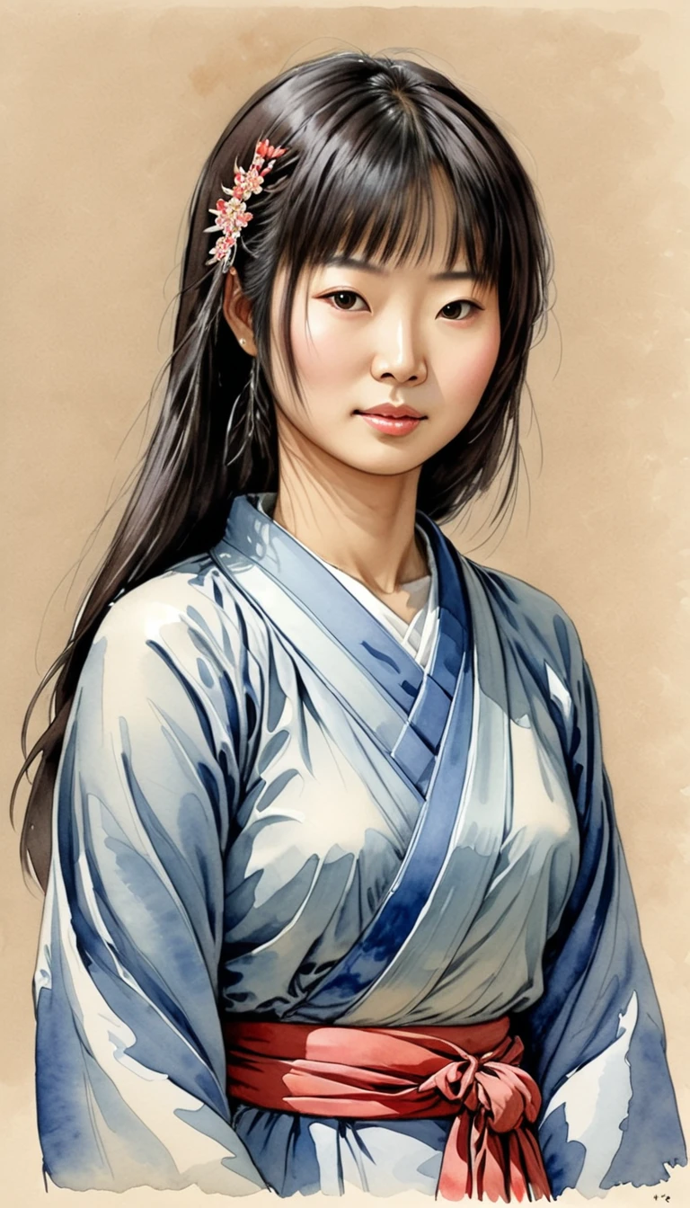 watercolor sketch of a Japanese woman, illustration by Jean-Pierre Gibrat ,kodew