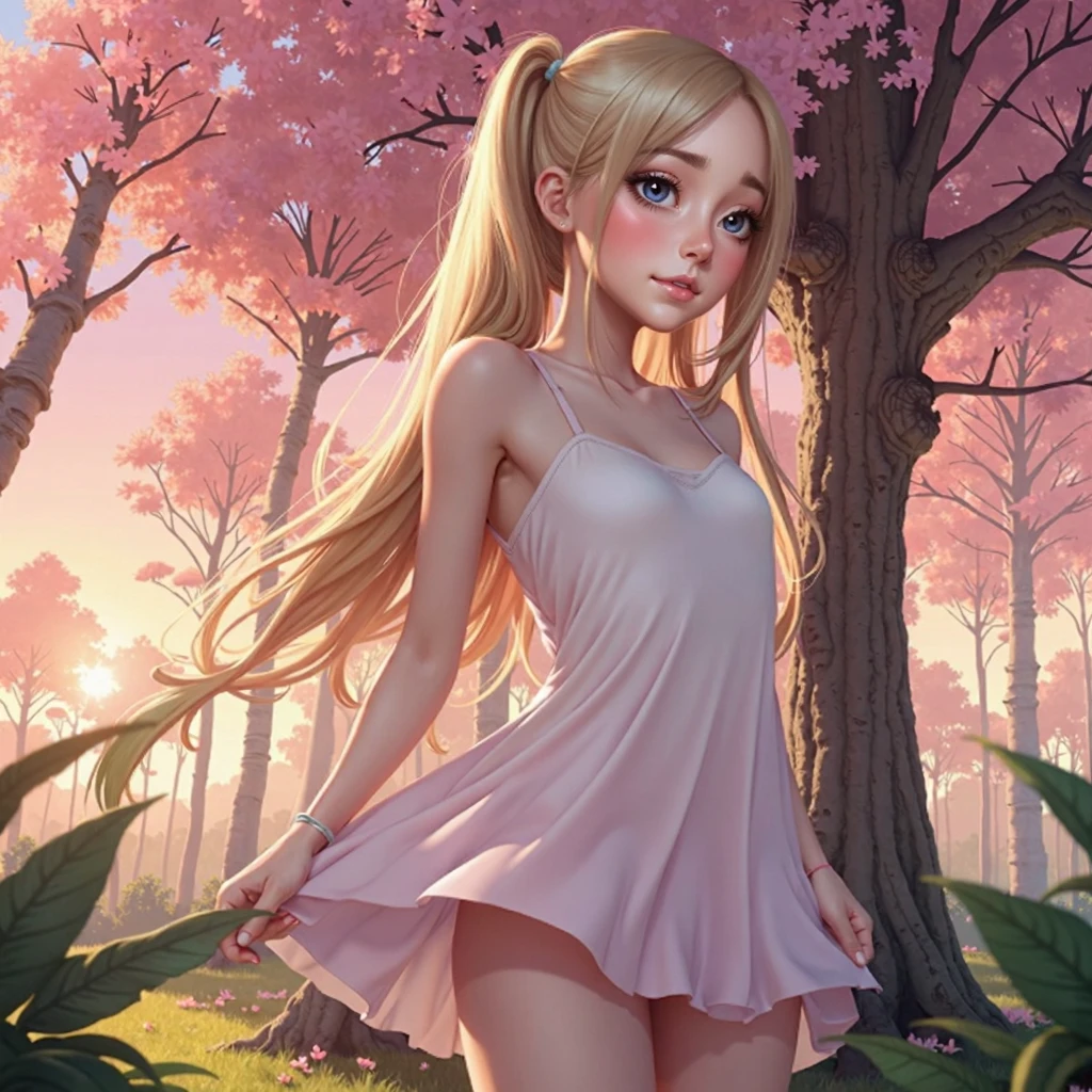 (masterpiece, best quality:1.4), (8K), Young blonde beauty, (((18 years old, neat girl))), detailed blue eyes, long eyelashes, blush, kind smile, horny, upper body, topless, small ass, slender thin legs, vagina, pink skirt, (looking at viewer), beautiful blonde hair, white-skinned, bangs, pigtails (medium size breasts), (mushroom forest, celestial forest, beautiful and magnificent pink sunshine, majestic sky), natural light, pastel colors)