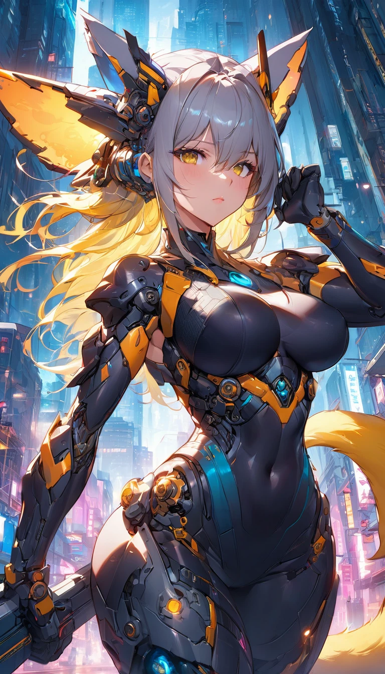 best quality,4k,8k, highres, masterpiece:1.2), extremely detailed eyes, extremely detailed body, (large masterpiece digital art), (detailed manga illustration), (detailed line art), ((perfect anatomy)), (intricate details:1.3), (ultra-detailed:1.3), (illustration:1.3), (sharp focus:1.3), (natural lighting:1.05), (vivid colors:1.3), (masterpiece), (best quality:1.4), (perfect anatomy:1.4), high quality, expressive eyes, full body, tall girl, detailed face, beautiful face, perfect face, breasts, gloves, large breasts, cyberpunk, (black armor), azure armor, long hair, ((tanned skin)), straight hair, detailed (ash gray hair), detailed eyes, (yellow eyes), fox ears, fox tail, hourglass physique, mecha musume, fortified suit, mechanical parts, headgear, robot joints, bodysuit, deva battle suit, gloves, thick thighs, toned, emblem, superhero, dynamic lighting, 4k resolution, dynamic pose, weapon, energy weapon portrait, Jeff Bridges, ((cartoon style)), Marvel Cinematic Universe style, (((alien city in the background))), soft bokeh of futuristic city, Atey Ghailan, Jeremy Mann, Greg Manchess, Antonio Moro, trend in ArtStation, trend in CGSociety, Intricate, High Detail, Sharp focus, dramatic and photorealistic painting art by Midjourney and Greg Rutkowski, bokeh in the background