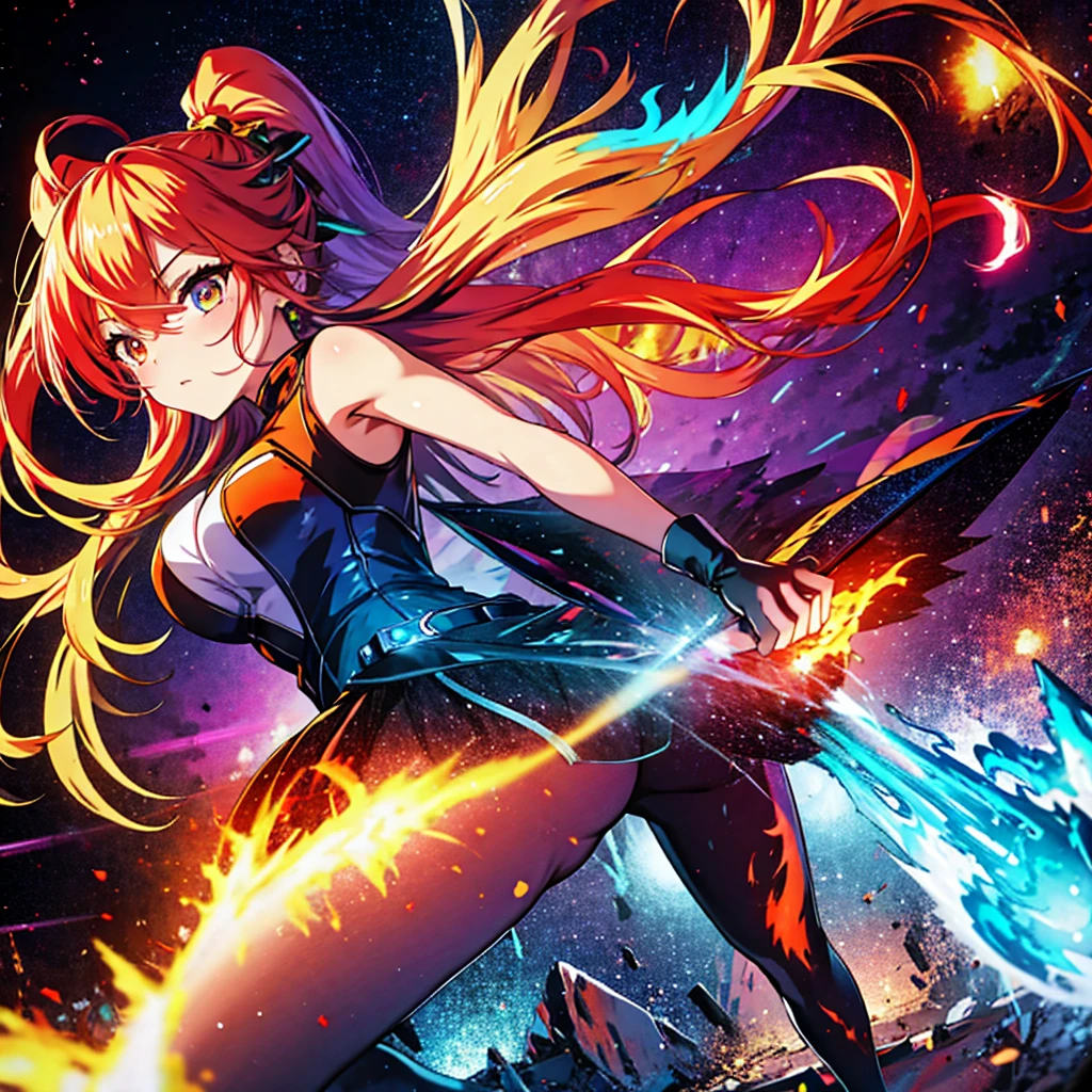 masterpiece, best quality:1.2),anime style:1.8, 1girl, solo, Ultra-detailed, best quality,High saturation, flame, gradient, colorful,magic, vivid colors 