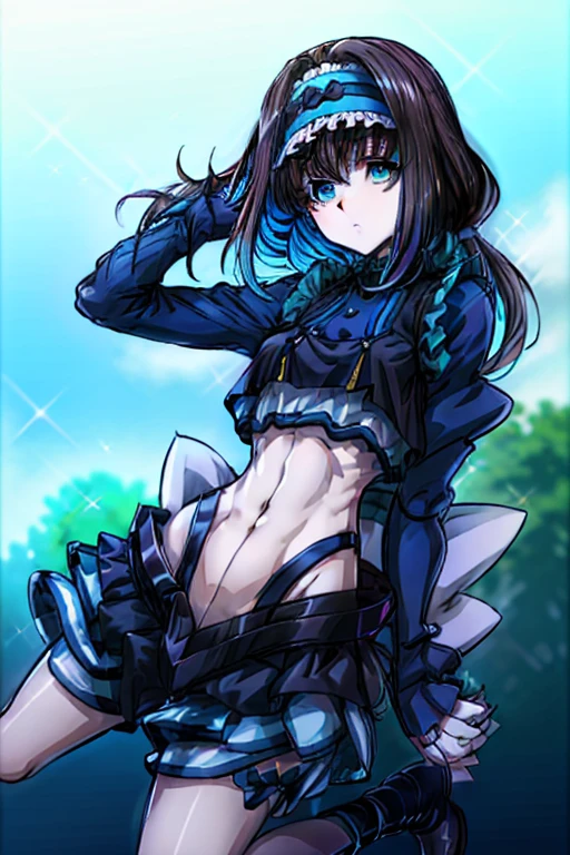 blue eyes, Hair accessories, On the one hand, Blue Hair, Long hair and long locks, Side Lock,
break blue footwear, blue gloves, blue jacket, blue Shorts, boots, Crop top, cropped jacket, gloves, jacket, abdomen, belly button, short Shorts, Shorts, Thigh pouch,
break looking at viewer, Upper Body, whole body,
break outdoors, city, null, sun,
break (masterpiece:1.2), Highest quality, High resolution, unity 8k wallpaper, (【An illustration:0.8), (Beautiful detailed eyes:1.6), Highly detailed face, Perfect lighting, Highly detailed CG, (Perfect hands, Perfect Anatomy),