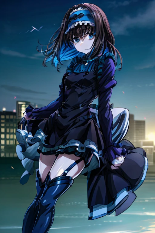 blue eyes, Hair accessories, On the one hand, Blue Hair, Long hair and long locks, Side Lock,
break blue footwear, blue gloves, blue jacket, blue Shorts, boots, Crop top, cropped jacket, gloves, jacket, abdomen, belly button, short Shorts, Shorts, Thigh pouch,
break looking at viewer, Upper Body, whole body,
break outdoors, city, null, sun,
break (masterpiece:1.2), Highest quality, High resolution, unity 8k wallpaper, (【An illustration:0.8), (Beautiful detailed eyes:1.6), Highly detailed face, Perfect lighting, Highly detailed CG, (Perfect hands, Perfect Anatomy),