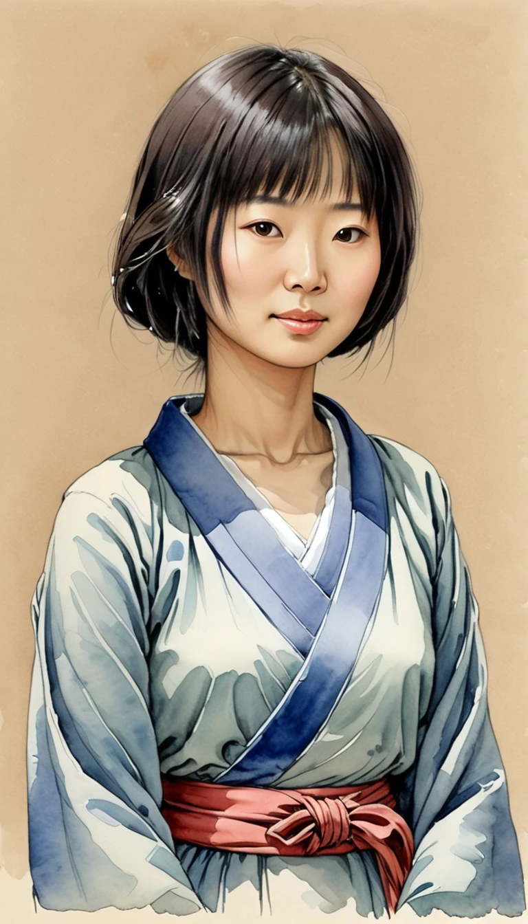 watercolor sketch of a 28 years Japanese woman, illustration by Jean-Pierre Gibrat ,kodew