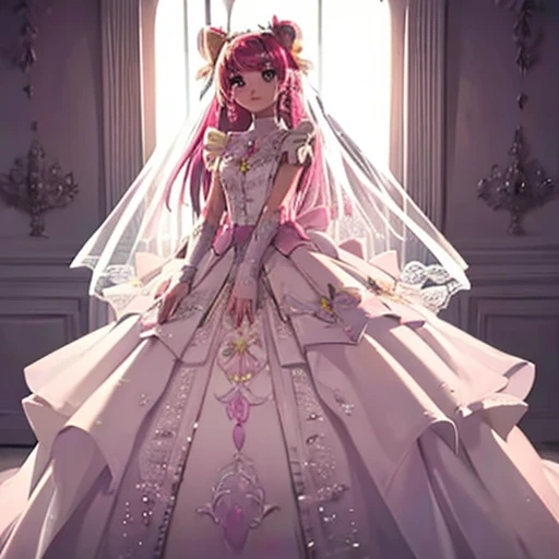 Full body drawing, Light from the front, Perfect Face, 1 Girl, , Pretty Cure, White skin, Pink Hair, Distinctive long hair, Yellow hair ornament, White Veil, Pink Eyes, White Long Wedding Dress, original design, Cure Dream, rose, butterfly, beautiful, Princess, cute, smile, kind, Soft, pastel, looking at the camera, Front facing, Front Light, noon