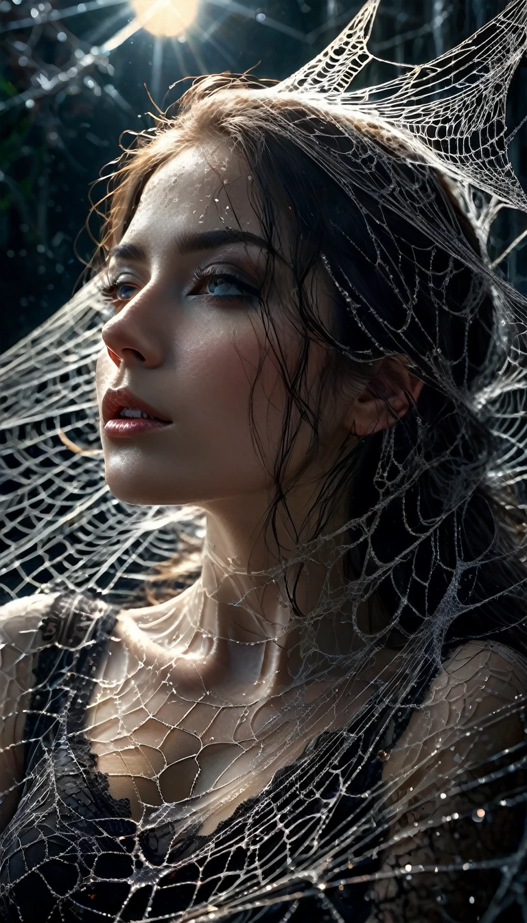 (best quality,4k,8k,highres,masterpiece:1.2),ultra-detailed,realistic:1.37,a woman entangled in the spider's web, cobweb,horrifyingly detailed spider,chilling dark background,long flowing hair,wide-eyed expression,broken golden sunlight,creepy atmosphere,shadowy silhouettes,subtle strands of silk,dew drops glistening on the web,meticulously crafted lace-like web,sticky tendrils wrapping around her body,dramatic composition,high contrast lighting,fine spider threads glimmering in the light,dangerous intrigue,striking visual impact,emphasized facial features,dynamic pose,intense realism,hauntingly beautiful depiction,dark shadows,ominous presence,emotional intensity,ferociously intricate,delicate and fragile vulnerability,subtle color palette,subdued tones,horror-inspired art style,submerged in a sense of unease.