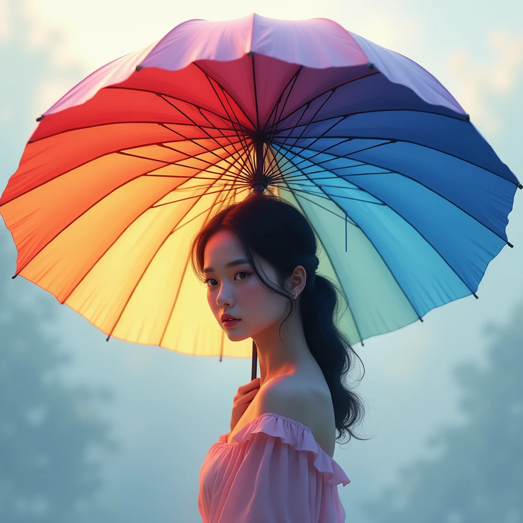 Colorful Gradient vivid colored glowing umbrella, 1girl, rain, 