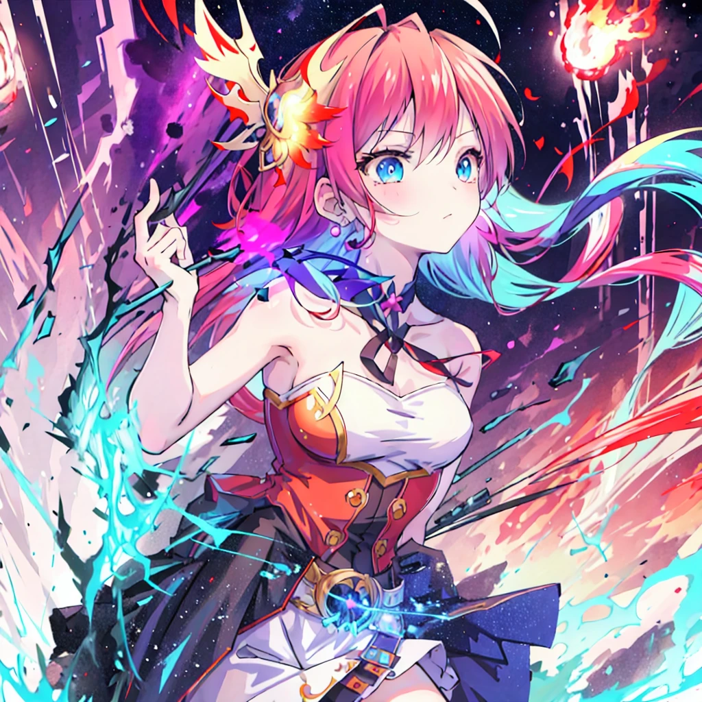 masterpiece, best quality:1.2),anime style:1.8, 1girl, solo, Ultra-detailed, best quality,High saturation, flame, gradient:1.5, colorful,magic, vivid colors 