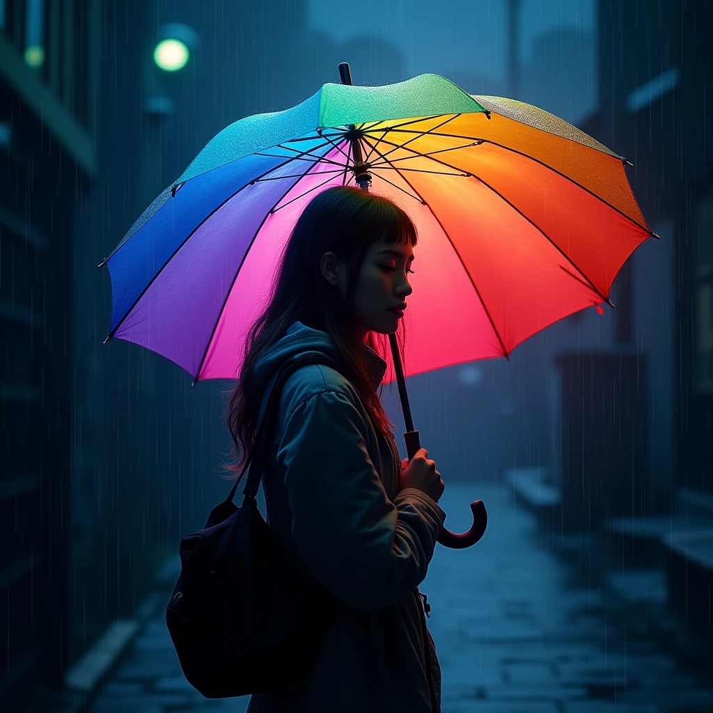 Colorful Gradient vivid colored glowing umbrella, 1girl, rain, 