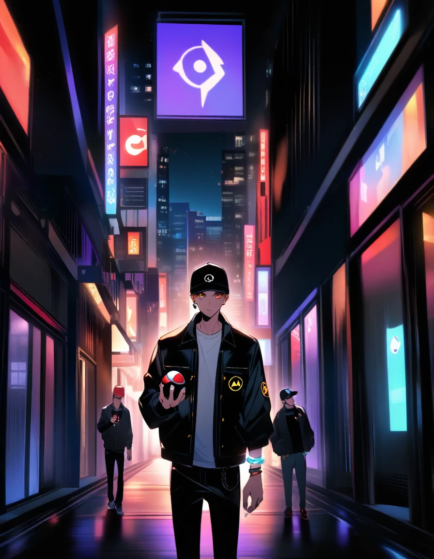 adult boy with red hair and red eyes, holds a pokeball in his hands. shorth hair, orange eyes, baseball cap with a pokeball symbol, black clothing, city at night, urban, mighty. In front of a large entrance. One arm extended forward and the other in the pocket, wearing an black jacket. Your ear having a crystal earring. On your forearms, visible three special bracelets, each with a different symbol, all technological.
