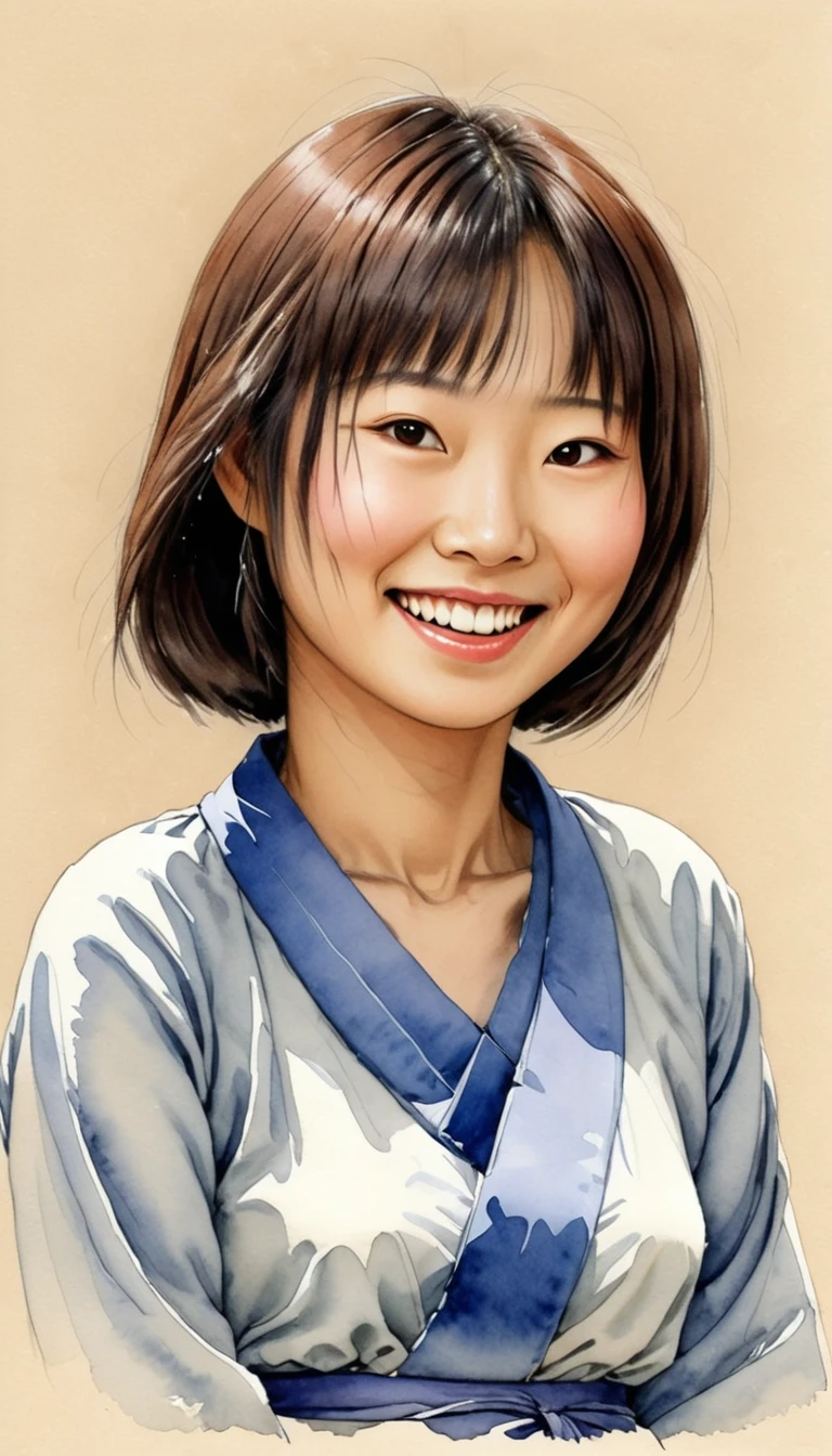 watercolor sketch of a 28 years Japanese woman, happy, smile, illustration by Jean-Pierre Gibrat ,kodew