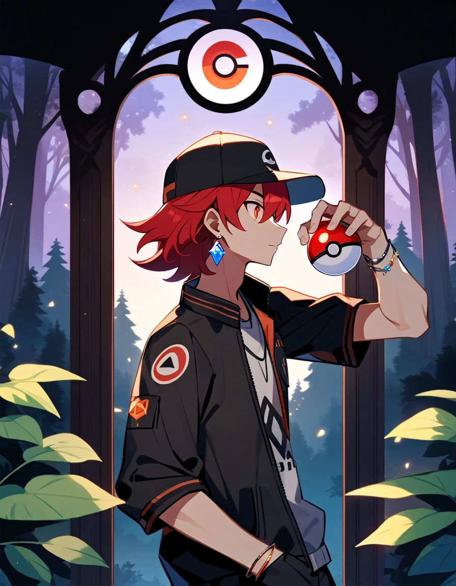 adult boy with red hair and red eyes, holds a pokeball in his hands. shorth hair, orange eyes, baseball cap with a pokeball symbol, black clothing, night on florest, forest, mighty. In front of a large entrance. One arm extended forward and the other in the pocket, wearing an black jacket. Your ear having a crystal earring. On your forearms, visible three special bracelets, each with a different symbol, all technological.