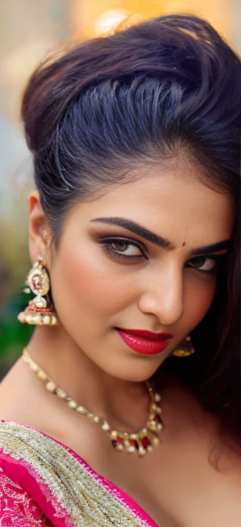 perfect pink eyes, fantastic face, Indian, beautiful look, ((red lips, bright eyes, curve heir 1.5)), ((beautiful details very big breast )), (Straight round and ultra huge clevage, not sagging breast), A glorious gorgeous, glorious gorgeous face, pretty face, bright eyes, detailed elegant printed red saree, updo elegant hair, blurred gray tones background, ultra focus, face ilumined, face detailed, 8k resolution, painted, dry brush, brush strokes, razumov style and garmash style, by Tokaito,  ((Full Open ))