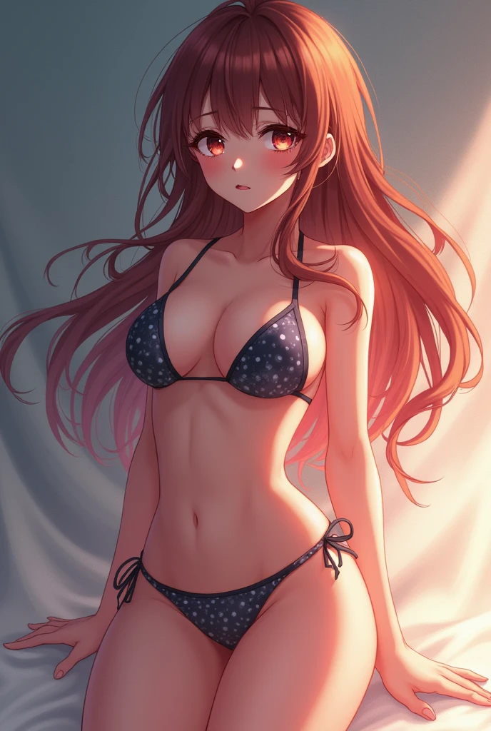 Asuka Langley Soryu, Evangelion, ((Asuka　Langley:1.5)), long hair, bangs, ((blue eyes:1.3)), brown hair, ((red hair ornament)), mature woman, looking at the viewer, cowboy shot, dutch angle, dynamic pose,joy,origin,(beautiful face),(realistic face, perfect eyes,1.1),analog style,RAW,real life photo,medium quality,normal aesthetic,break,1girl,(japanese girl:1.1),(round face:1.3),break,(intricate underwear),(masterpiece, highest quality, 16K), delicate, Detailed, Sharp, 1 girl, smile, At the bed, ((sexy bra)), ((sexy panties))