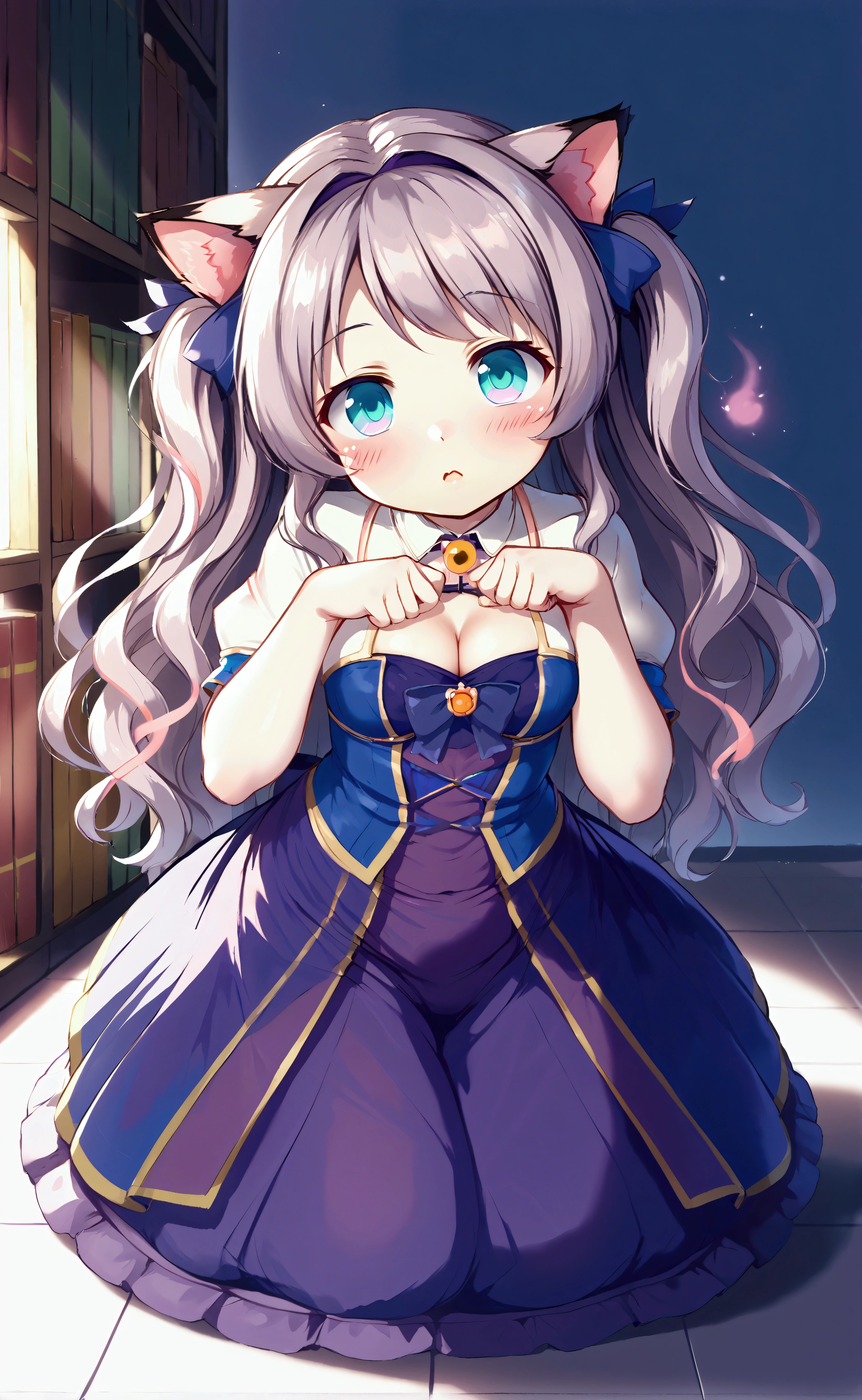 Small young cute cat girl, she sexually appealing, small shiny plump breasts, leaning forward in cute pose, lots of cleavage, shiny silver wavy hair, fine curves, at a library, cute and blushing, cute and cuddly, has flower in hair, peaceful atmosphere, cleavage is excentuated, girl is a proffessor.