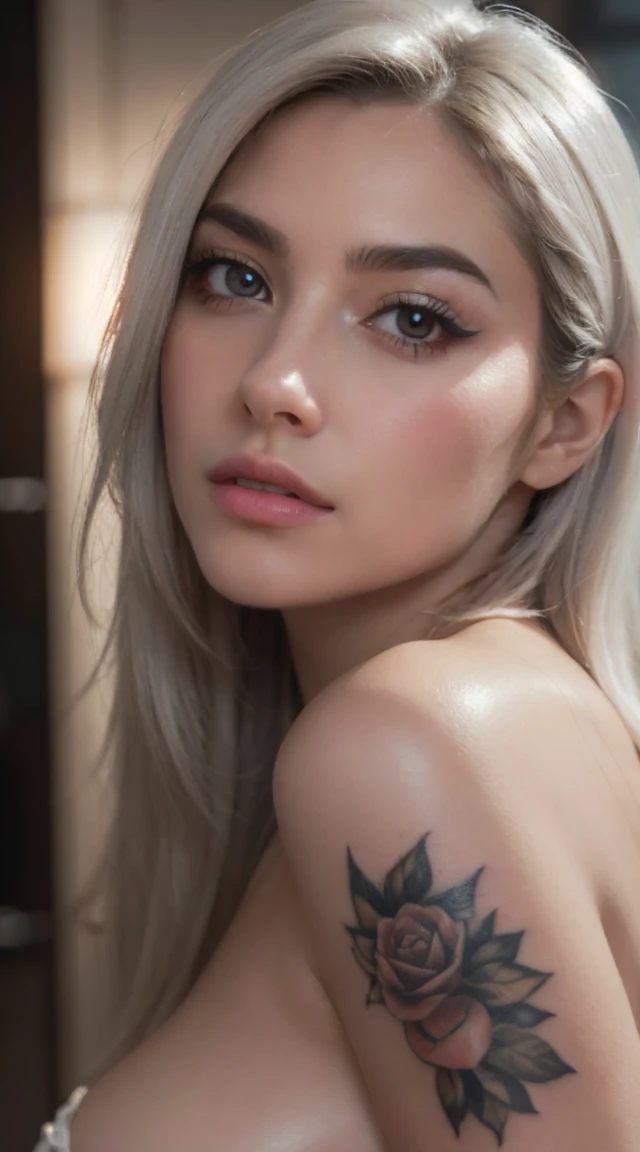 photorealistic, high resolution, soft lights, 1 woman, 2, solo, hips up, beautiful detailed eyes, beautiful detailed lips, extremely detailed eyes and face, long eyelashes, white hair, long hair, jewelry, tattoo, street wear, photo-realistic, 8k, realistic, HDR, vivid colors, studio lighting, fine details, concept ar