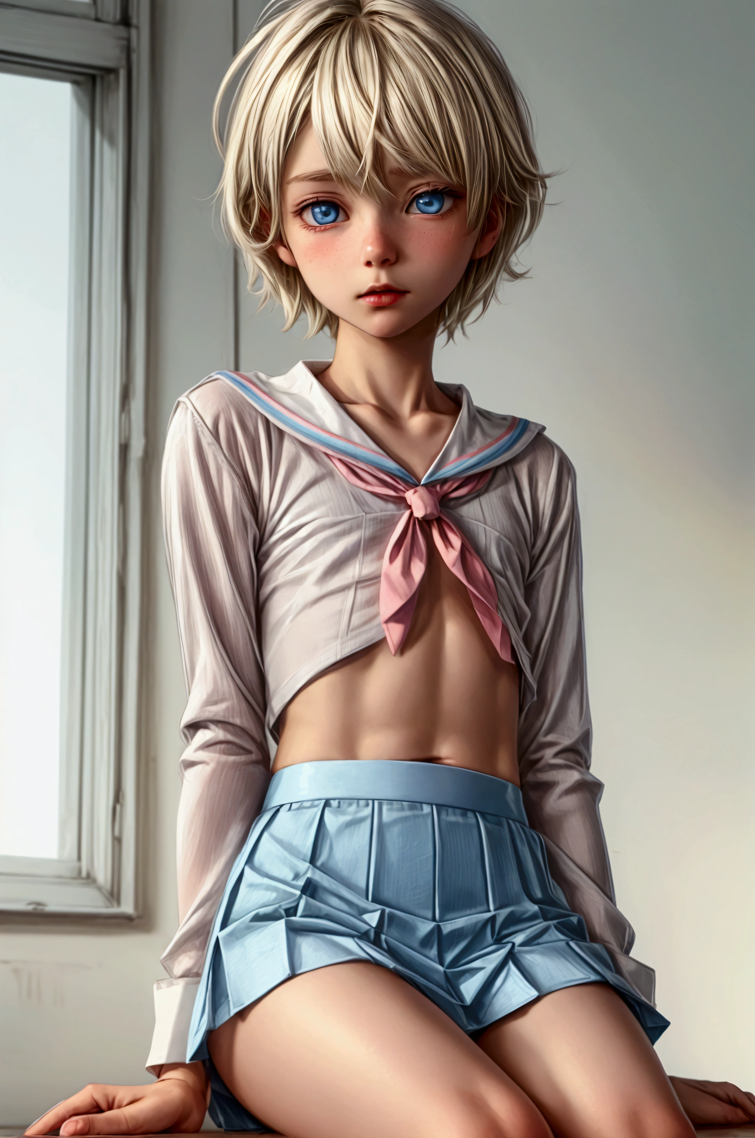 Anime style, Highres, Masterpiece, Best quality at best, Best Quality, hight quality, hight detailed, 1boy, (**********), blonde boy, perfect boy body, cute boy, detailed light blue eyes, detailed eyes, wears white sailor suit, boy chest, pink tie, Blue sailor skirt, mini skirt, without breasts, beautiful long legs, white over knee stockings, perfect boy body, in a classroom at school, blond Hair, short hair, messy hair, pastel rainbow inner hair color mesh, Neutral Facial Features, highest quality, SFW image,