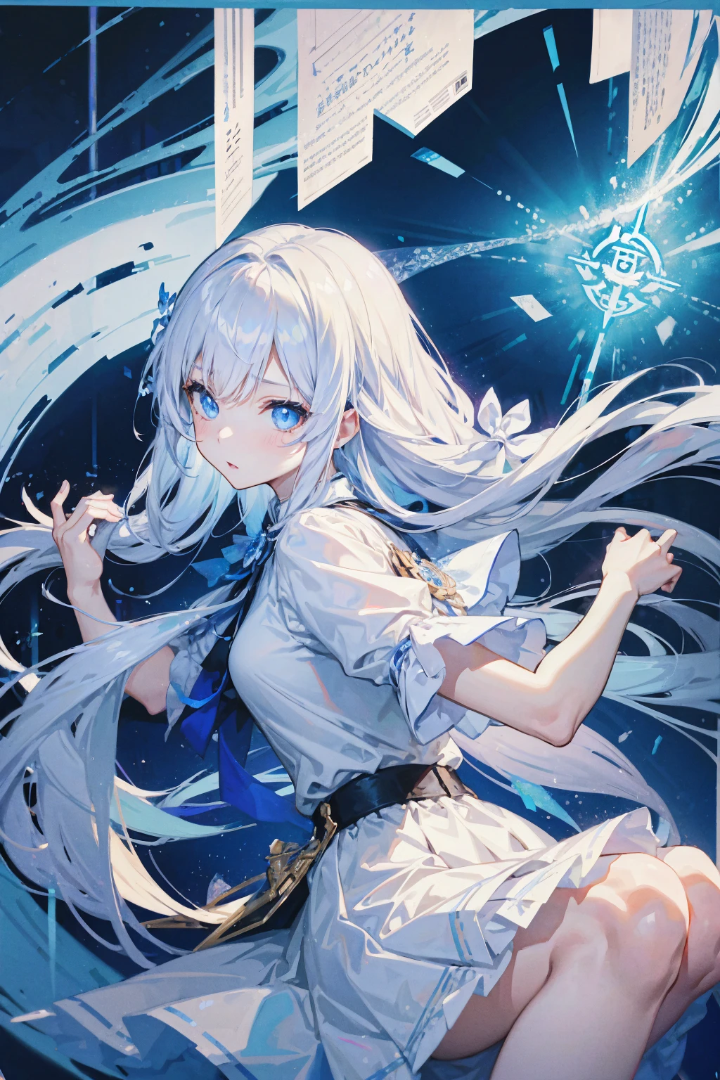 white手肘長手套），white长手套，white，white吊带过膝靴，long white hair，Blue Eyes，Short sleeves，white腰带，white腿環，Glamorous decoration，white高跟過膝靴，Beautiful background，Anime Girls，white skirt，long white hair，blue eyes, Anime Goddess, white-haired God, Highly detailed official artwork, Portrait of the Maiden Knight of the Zodiac, Cute anime waifu in nice clothes, Detailed key animation art, artstation Popular topics on pixiv, Kshat Krentz Key Art Female&#39;のclothing&#39;clothing, Epic light novel art cover, zodiac knight girl