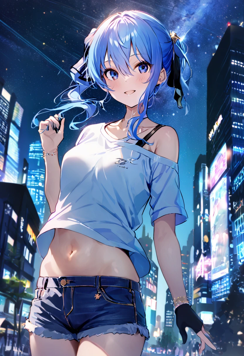 (8k、Best image quality、highest quality、masterpiece)、Detailed face、 1teen_girl、Blue Hair、Long Hair、sideponytail、dark_blue_eyes、smile,(navel_peek)、(small_breasts:0.8),(White_short_T-shirt:1.3)、Off the shoulder、Black shoulder straps、(open_front_denim_short_shorts:1.2)、City Background, starry_sky_landscape ,hoshimachi suisei,(covered_nipples:0.3), (belly_button:1.2),nihil,solo,stargaze,girl_looking_up_sky,slender,solo,boots,abs, tight_waist, point to the sky