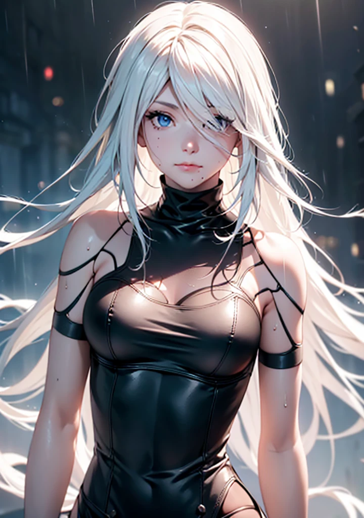 score_9, score_8_up, score_7_up, 1girl, solo, breasts, long hair, dress,bare shoulders, medium breasts, closed mouth, bunny ears, upper body, white hair, sleeveless, mole, blurry, black dress, lips, wet, depth of field, blurry background, turtleneck, phone, wet clothes, mole under mouth, facing viewer, rain, water drop, wet hair, yorha no. 2 type b, blindfold