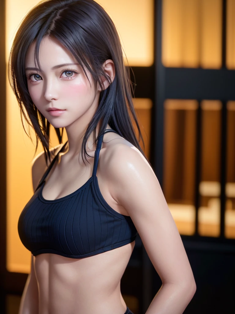 (8K, Top Quality, Masterpiece: 1.2), (Realistic, Photorealistic: 1.37), Ultra HD, Final Fantasy VII Remake's Tifa Lockhart sitting on a date in a highly detailed café in a cityscape A detailed portrait with beautiful detailed eyes and a blushing nose that makes you look cute and solo. She wears single elbow pads, ankle boots, a black skirt, black thigh-highs, red boots, and elbow gloves, elbow pads, and fingerless gloves. Her outfit includes a sports bra, suspender skirt, thigh highs, and a white tank top. The full body is visible with the head resting on the hand, revealing a pretty face, long hair tied low, and lips. The scene is lit with professional lighting, photon mapping and radiosity, creating a cyberfuturistic atmosphere in the style of Tetsuya Nomura. The background features yellow flowers and a bokeh effect. Tifa smiled a little and closed her mouth.