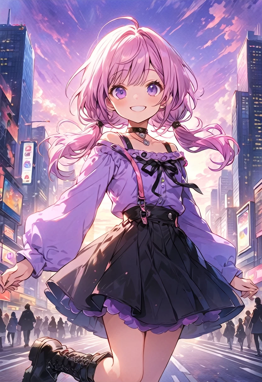 Masterpiece, Best quality, 1girll, ((view the viewer)), Lilac hair, Purple eyes, Long hair, ahoge, Sweater, Sweater skirts, Pantyhose, 163cm, hair between eye, Large breasts, Adult, 33 years old, mature, Glasses, Solo, sole, Smile, Cat ears, Cat tail, Fang, cat woman, Animal ears