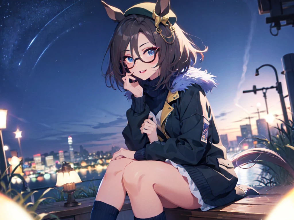 1girl, solo, furry, anthro, canine, dog, poodle, female, dog_ears, curly_hair, black and white fur, black_hair, curly_hair, floppy_ears, glasses, fat_ass, chest_fluff, fluffy_tail, night, open_jacket, duster, long_jacket, brown jacket, seaside, beach, thatched_roof, purple bikini, sailboat, boats, canal, boardwalk, alley, tall_buildings, balcony, messenger_bag, sunset, rays_of_light, sunbeam