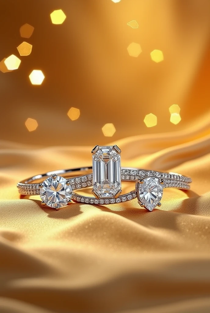 Create a picture of real diamond jewelry a GOLD background image, to be used in a jewelry store banner. put pictures of set the ring platinum bracelets, platinum earrings and platinum necklaces