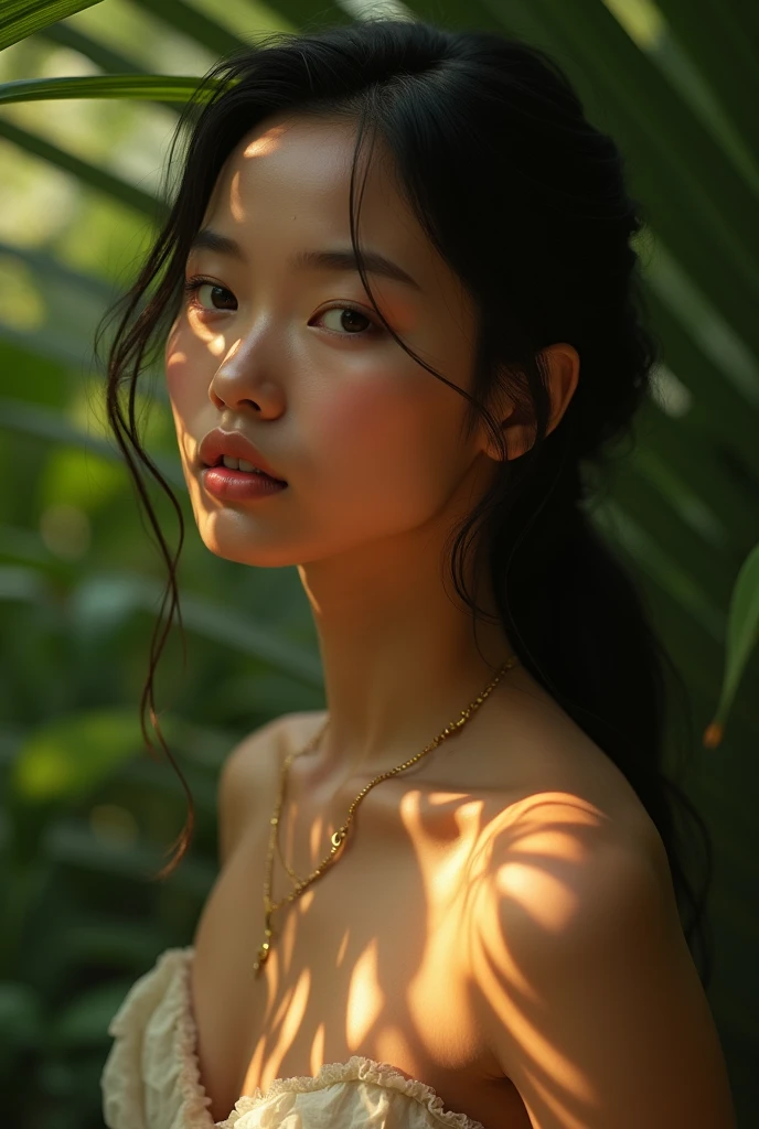 {top-quality}, {{masterpiece}}, {extremely delicate and beautiful},Outstanding light and shadow, highly detailed wallpaper,Clear and bright sunlight,1girl in、gaze looking beyond,red blush,Strong sunshine,delicate and messy hair,realistic skin textures, Pronounced pores and skin wrinkles,tropical rainforest,((strong light shines on the face)), The upper part of the body, naked portrait, nude photography, shiny nipple, show armpit