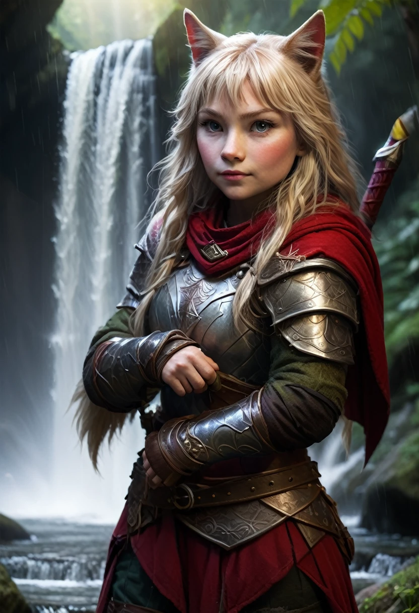 fantasy character with long blond hair, fluffy ears, and in armor, including a silver breastplate and bracers. She also wears a red cloak and, Seems, stands in a heroic pose, with one hand pressed to the chest. Her other hand lies next to her belt with a quiver.. The background features a tranquil natural waterfall and lush greenery.. The light comes from the upper left corner, casting soft shadows and creating a magical, atmosphere of adventure. Depth of field is moderately shallow, with the subject in sharp focus against a somewhat blurred background of a waterfall and trees.