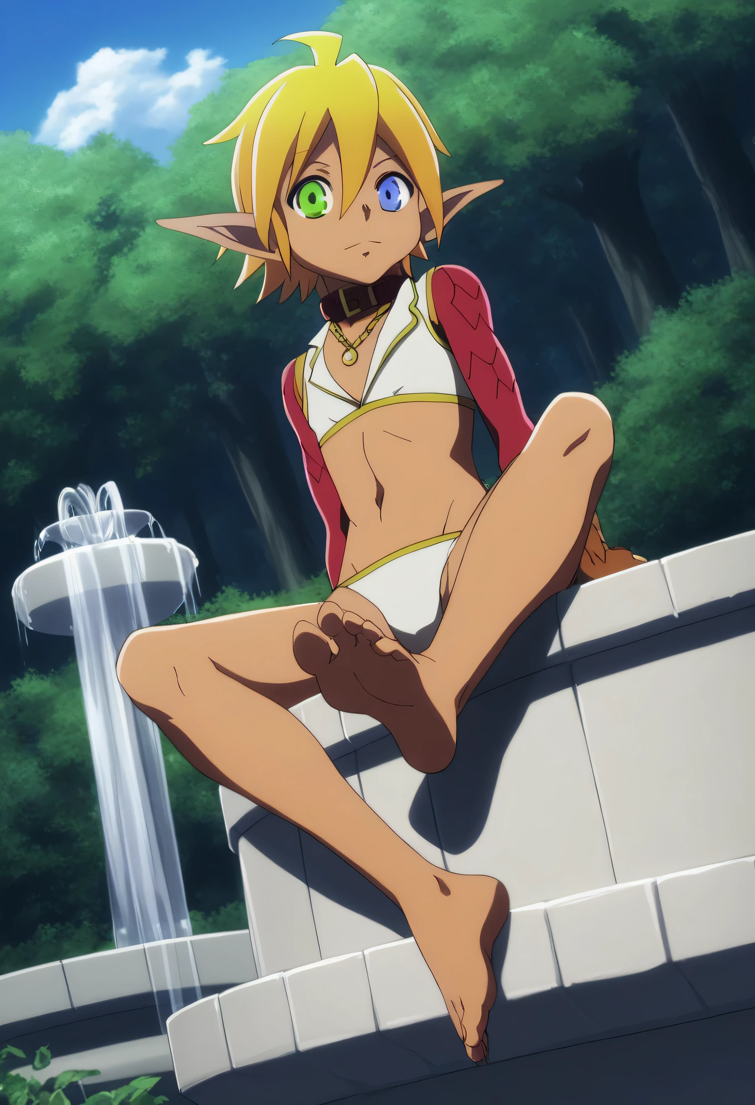 score_9, score_8_above, score_7_above, fountain_cheered up,
aurabellafiora,
aura bella fiora, short hair, blue eyes, by rubio, hair between the eyes, green eyes, He drowned, pointy ears, Dark skin, heterochromia, elf, dark elf,
White Bikini, collar,
outdoor, evening, evening sky, forest, nature,
looking at the viewer, cowboy shot, dutch angle, sitting, soles, bikini, beautiful soles