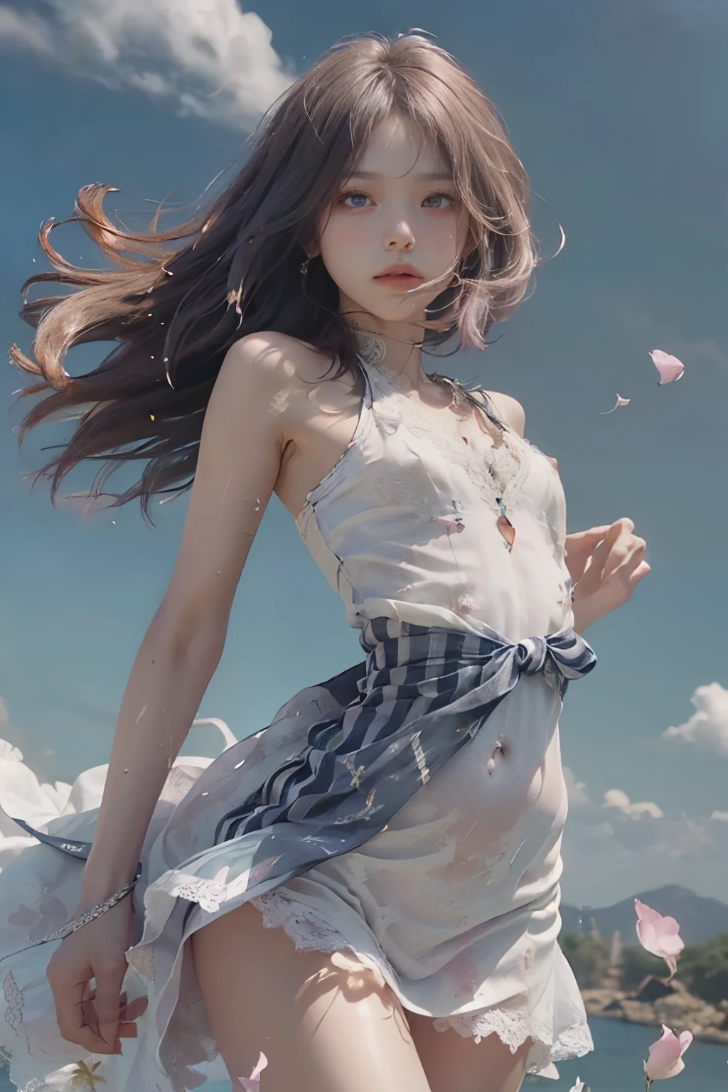 (鎖骨:1.331),(camisole:1.21),In the forest,Sunlight shines through gaps in the leaves,a woman in a floral dress and straw hat standing on a tree brancha,Woman in white dress holding a bouquet of daisies,It has short antlers on its head,elvish ears,a stock photo by Oleg Oprisco,Pinterest,artsy photography,Made from flowers,the soft light,big breasts enchanting,intimate but not tight,The cuffs are decorated with light gold lines, People can't help but think of the stars twinkling in the starry sky, Wearing a necklace made of sapphire and gold,Set with a small crystal ball,There are some little sparkling stars floating in the ball,Summon lightning、balls of fire、