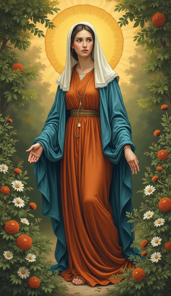 Highest quality, expensive_solve, clear_image, Detailed Background ,a very beautiful Virgin Mary, Halo, Reddish beige tunic, Blue cloak and veil, flower,garden,moon,