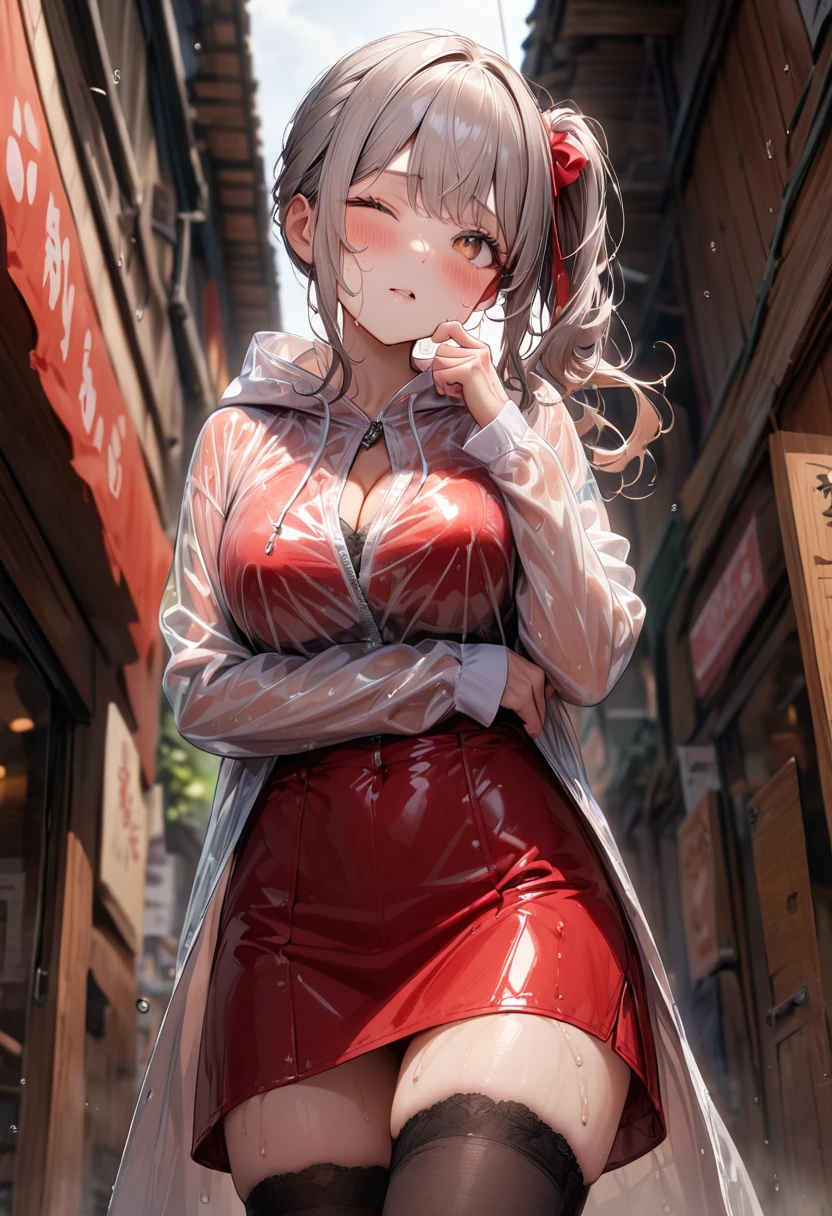 (best quality, masterpiece:1.2), 8k, very aesthetic, absurdres, high resolution, detailed face, official art, beautiful eyes, realistic, brown eyes, tareme, (side ponytail), swept bangs, long hair, silver hair, food, put on oversized Transparent raincoat, (red pencil dress:1.2), medium breasts, (cleavage:0.8), Sleeves that cover the wrists, black thigh-highs, boots, (white panties, cameltoe:0.5), textured skin, BREAK zettai ryouiki, hand on own face, head tilt, one eye closed, parted lips, sigh, blush, sweaty, rain, cowboy shot, from below, 