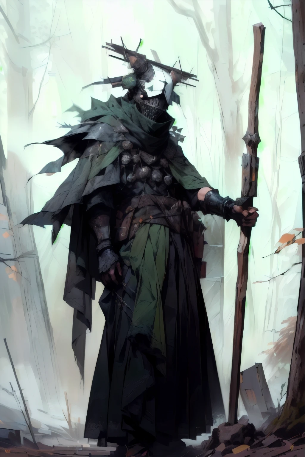 a person in the forest, wearing tattered green robes, has a black mask with a chain veil attached to it that completely conceals face, wears a cowl, has torn and tattered robes underneath scrappy leather armor, tattered shoulder cape similar to a simar, arms held stiff at their sides leather wrap bracers around forearms, holding a metal staff at their side. flat shading, drawing outlines, apocalyptic