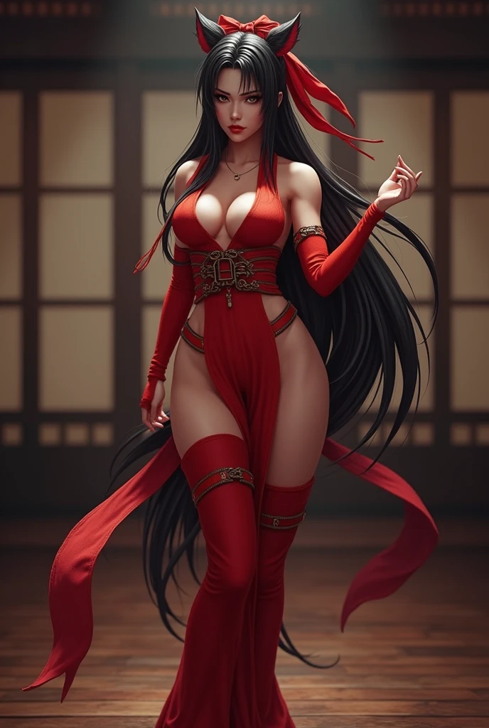 (highres,ultra-detailed,realistic)A tall figure of Han Zhuli, standing at 2.8 meters tall, dominates the scene. Embracing a dark and sinister aura, she possesses an exceptionally long twin ponytail that cascades down to the ground. Her most striking features are her exaggeratedly large and captivating eyes, perfectly detailed lips, and an incredibly detailed face. Her beauty is further accentuated by her extremely pronounced and well-shaped figure, with an exceptionally large bust, a slim waist, and an outrageously prominent posterior. Her legs are astonishingly muscular and thick, while her lengthy legs exude power and grace. She stands tall in a pair of sky-high heels, adding to her already towering height. The camera zooms out to capture her in its entirety, emphasizing her exaggerated proportions and flawless details. The lighting casts a dramatic shadow, perfectly complementing her dark and evil allure. The color palette features deep and intense tones, reflecting her menacing persona.