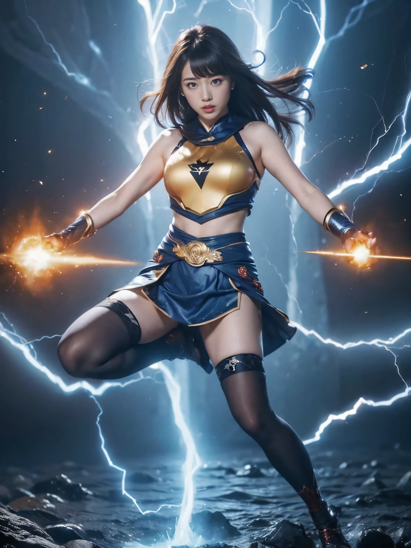 ((Highest quality、8k、masterpiece:1.3))、1girl,Realistic, Sharp focus, High resolution, High resolution,  alone, Full body photo、Japanese, Beautiful woman,Unleash your power、Explosive Energy、thunder、Kamehameha