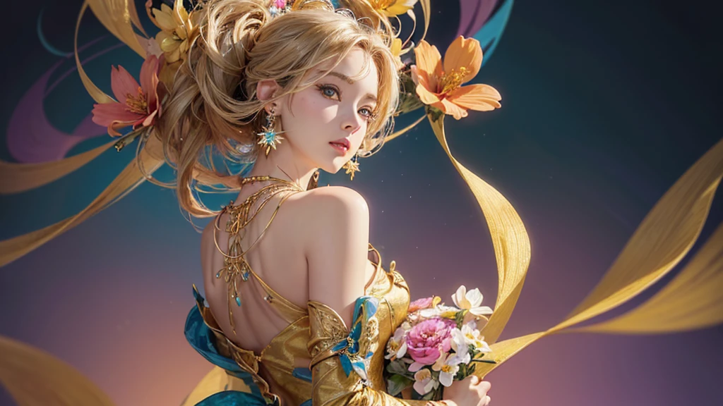 32K, 最高quality, 最高masterpiece, (ultra-Detailed Background, Detailed Background), High resolution, Super detailed, Very detailedな, 1 personの, (bouquet:1.3), (Tangled:1.2), (Geometric:1.2),(colorful),(masterpiece, quality, best quality, Official Art, Beautiful and beautiful:1.2), (1 person:1.3), Very detailed,(colorful:1.1)(Flowers:1.3),Most detailed,(Tangled:1.2), whole body, (Abstract background:1.3), (Skin glows), (Many colors:1.4), ,(Earrings Jewelry:1.5), Yellow background, It's imaginative., Milk tea colored hair, Updo,