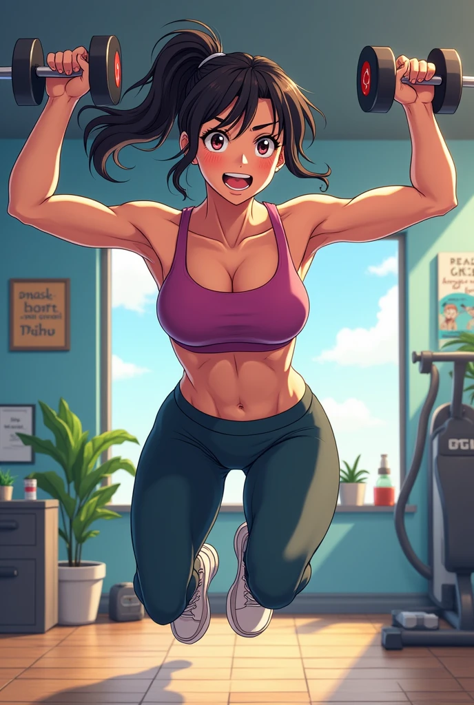 shapely woman in sports bra and gray pants on a yoga mat, thicc, Cottagecore!! corpo fitness, o extremamente quente e sexy, lunging at camera :4, fazendo uma pose majestosa quente, Karla Ortiz, malhar, Ayahausca, Violeta Myers, foto vazada, thick thieves
